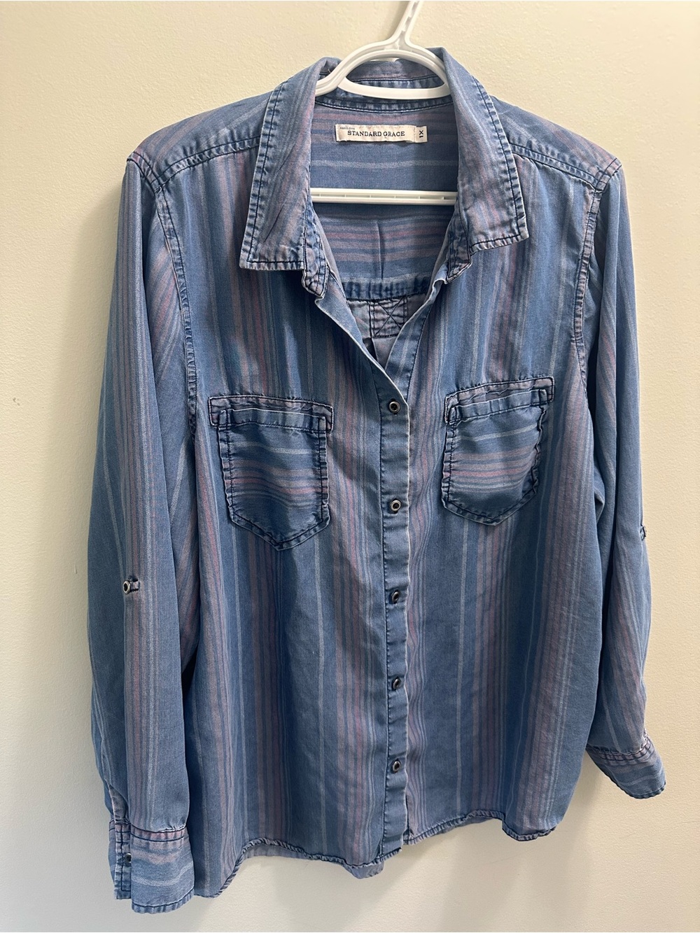 Women's Blue and Pink Striped Button-Down Shirt with Chest Pockets